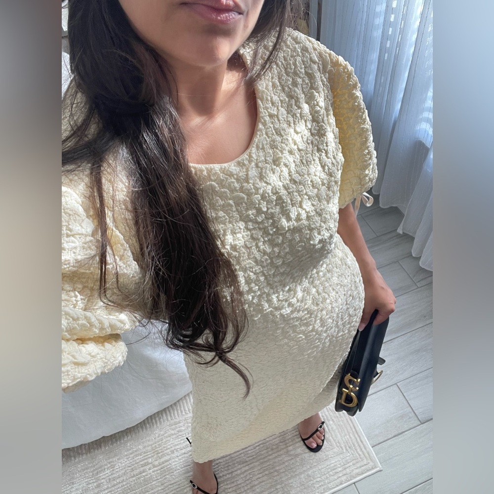 English Factory Cream Textured Puff Sleeve Dress - Picture 5 of 7
